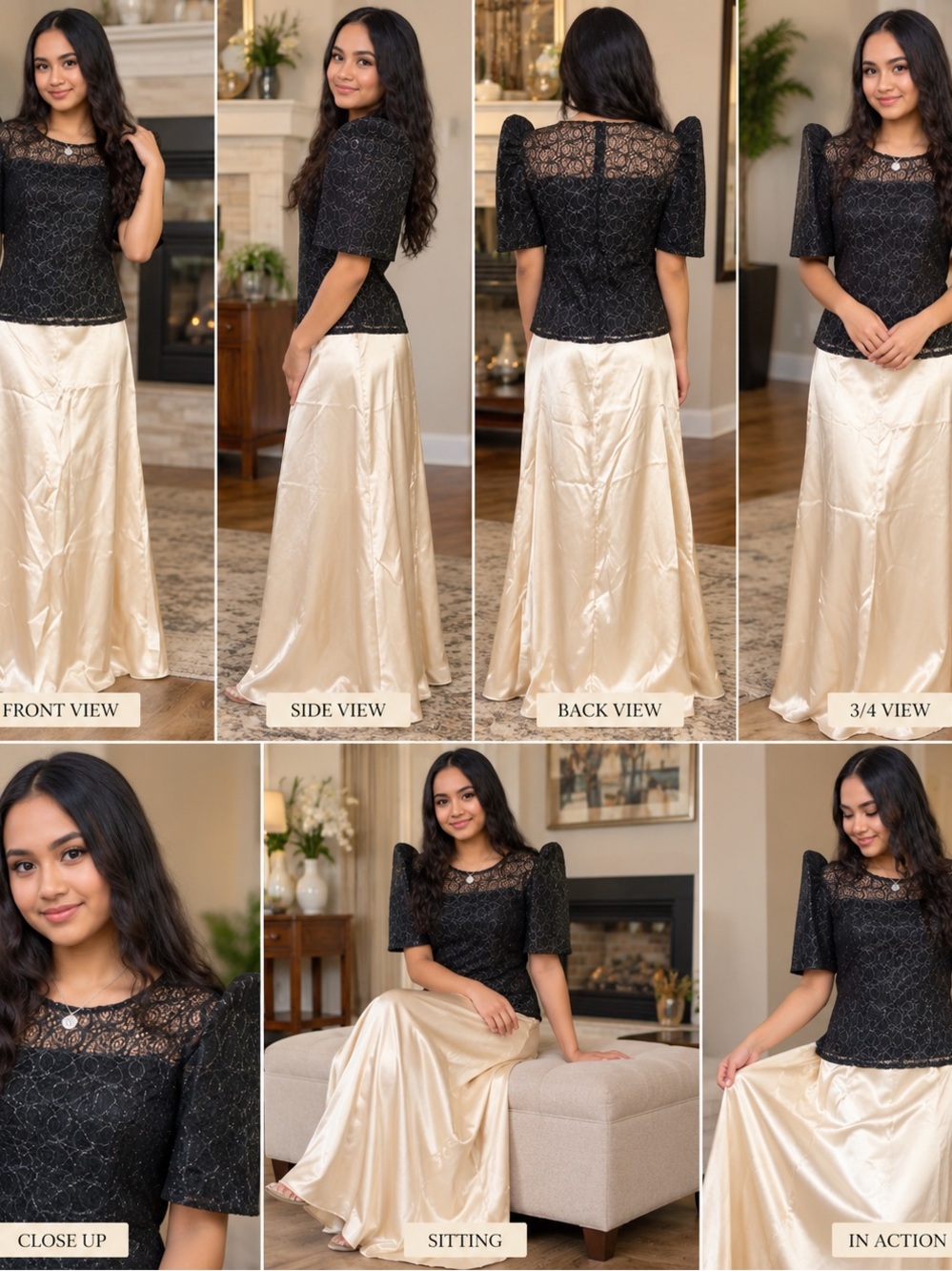 Black Lace Puff-Sleeve Top with Cream Satin Maxi Skirt - Women's Two-Piece Set